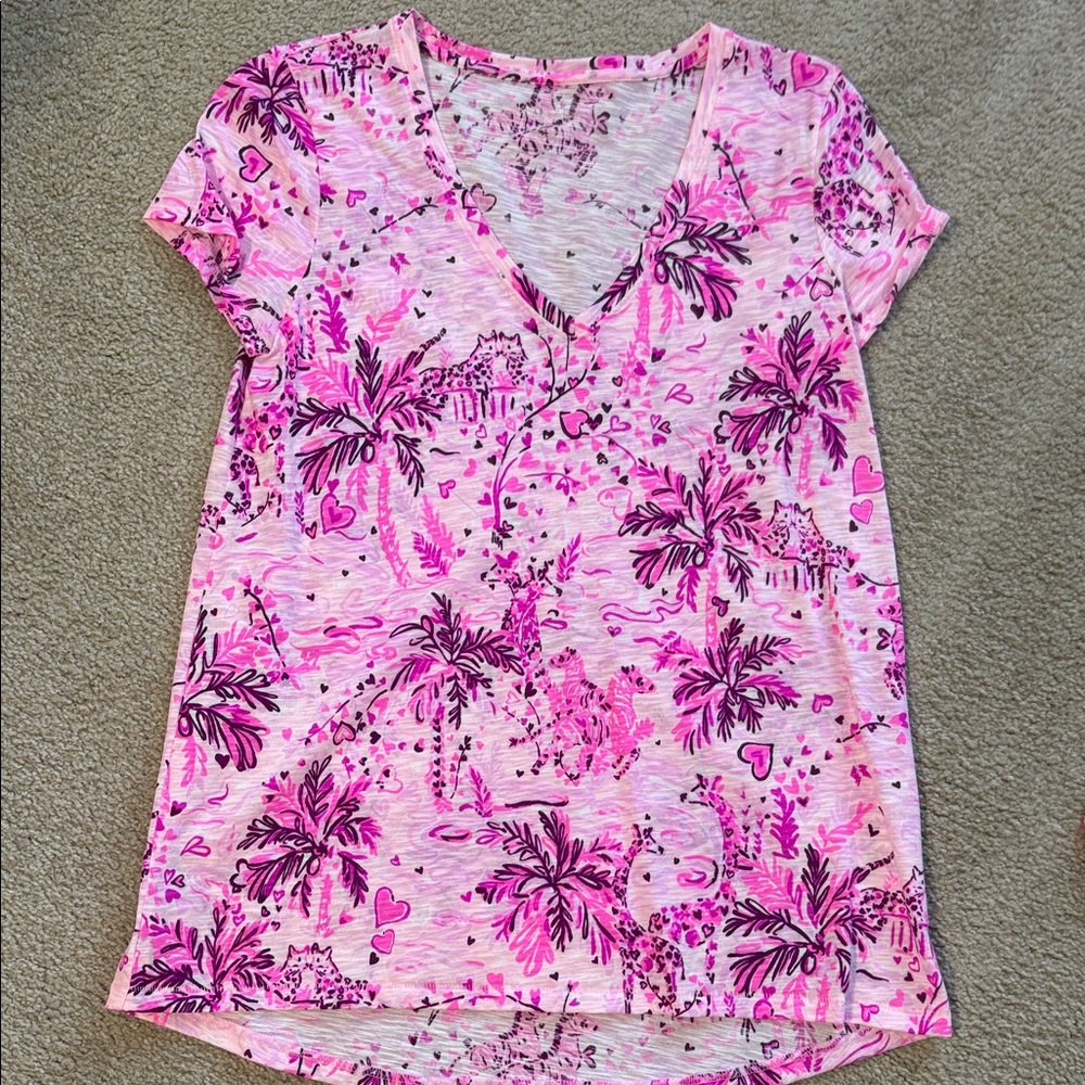 Lilly Pulitzer Pink and White Tropical V-Neck Tee